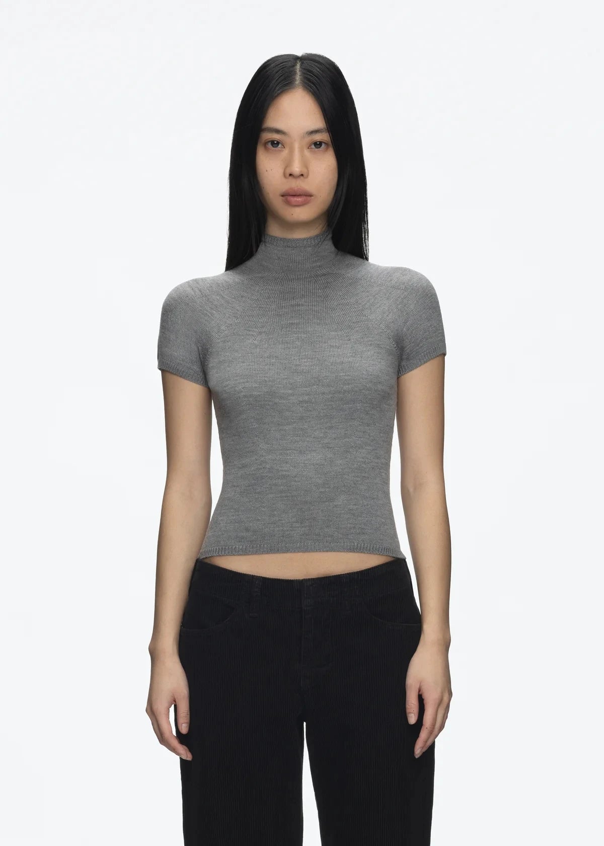 Tank Gray Wool Knit Top – Half Turtleneck Short Sleeve Summer Tee