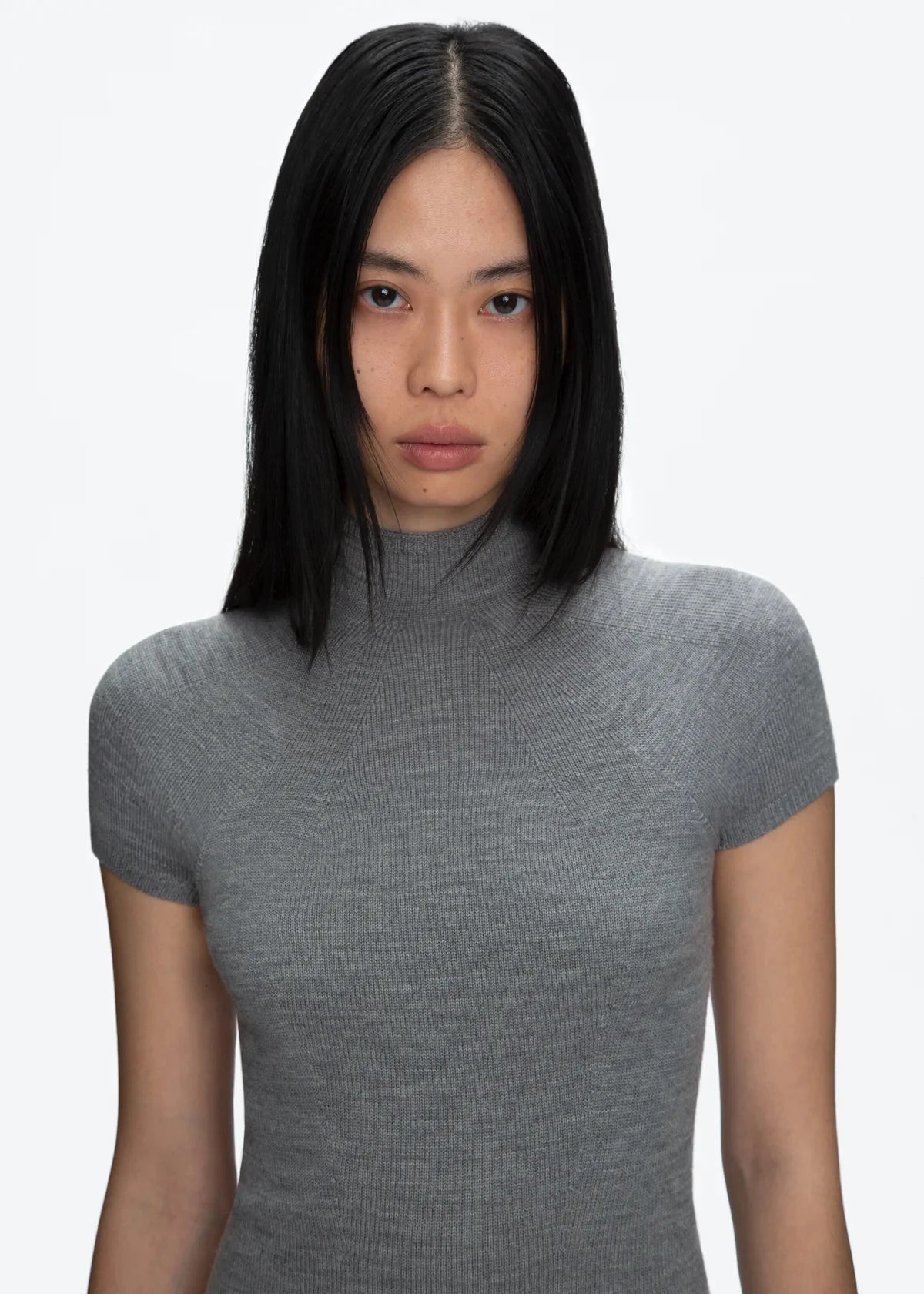 Tank Gray Wool Knit Top – Half Turtleneck Short Sleeve Summer Tee