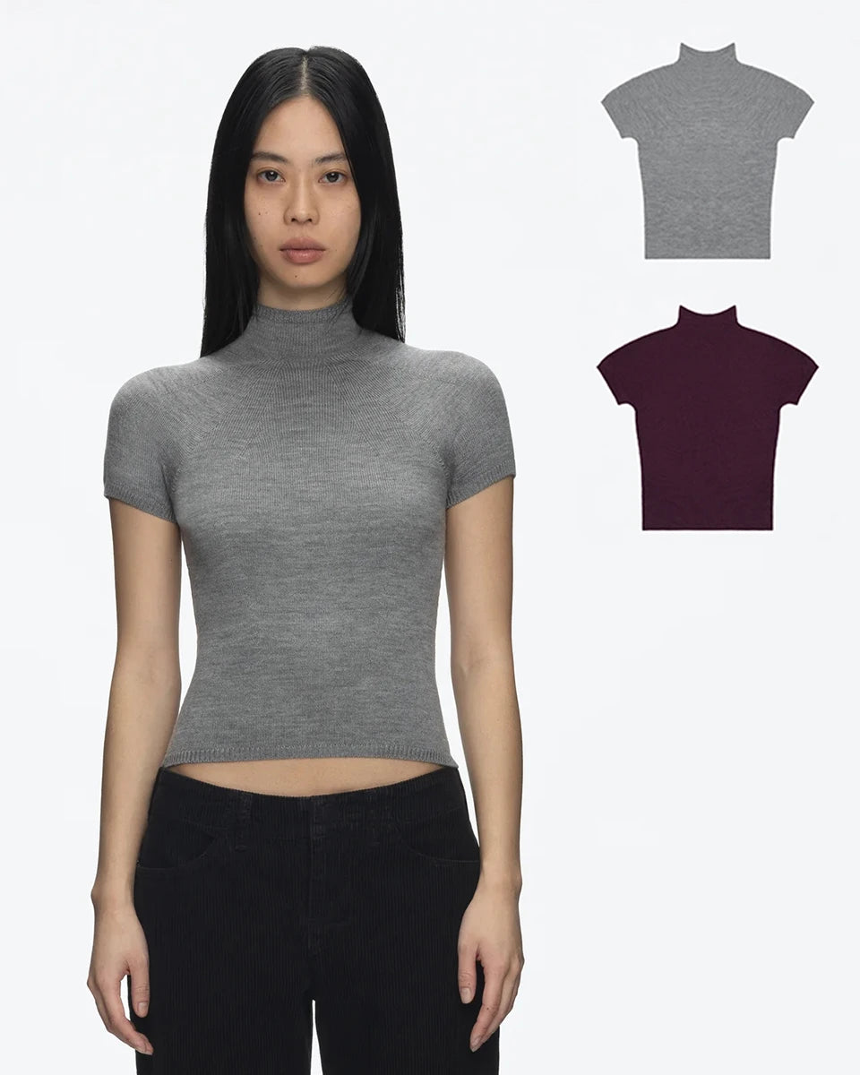 Tank Gray Wool Knit Top – Half Turtleneck Short Sleeve Summer Tee